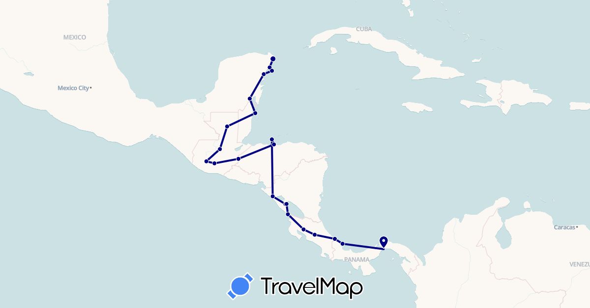 TravelMap itinerary: driving in Belize, Costa Rica, Guatemala, Honduras, Mexico, Nicaragua, Panama (North America)